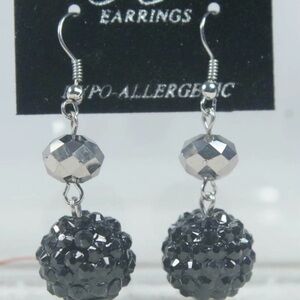 Cabaret Glitz Black Crystal Ball Earrings – Silver Faceted Bead Dangle Hypoalle